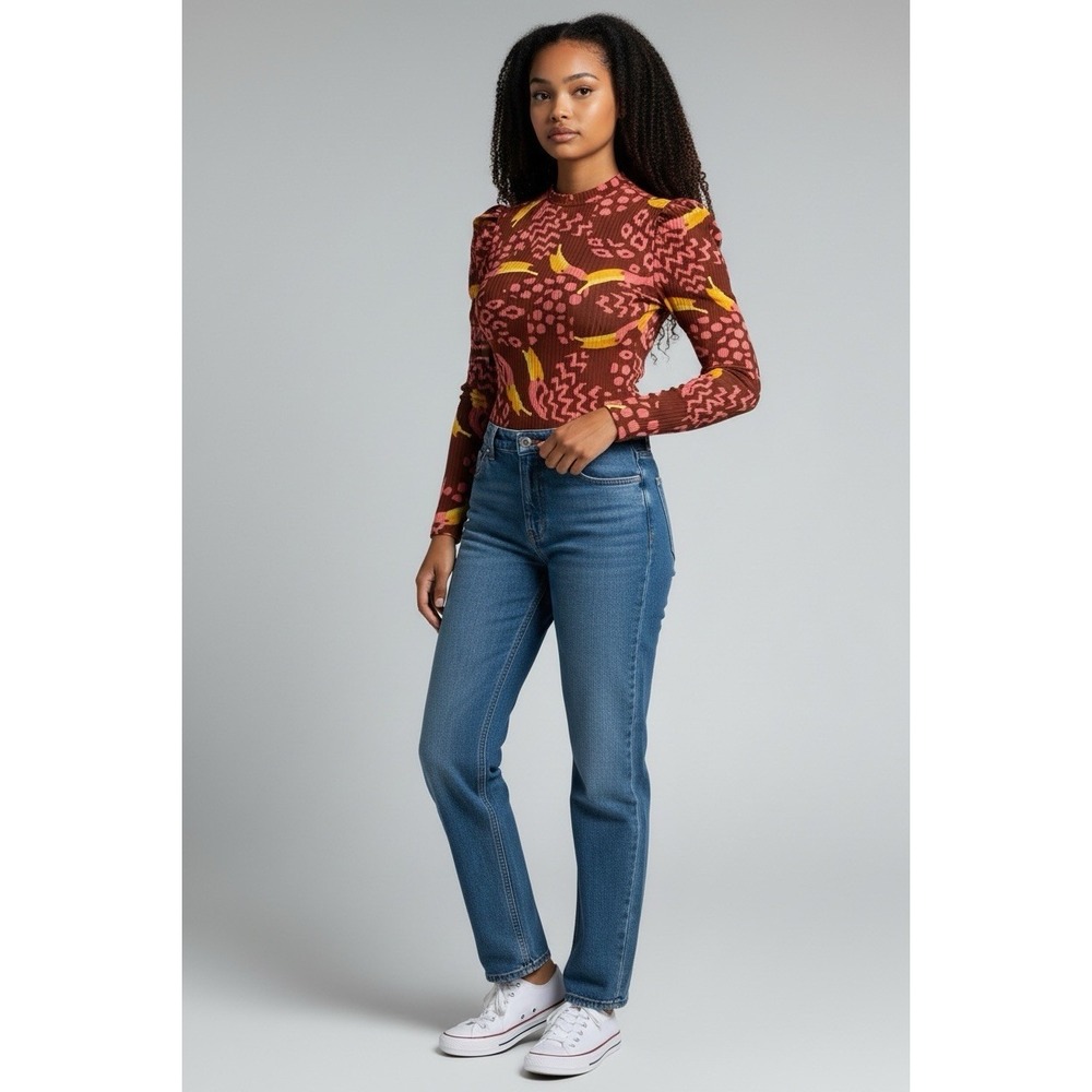 Farm Rio Toucanissimo Long Sleeve Stretch Cotton Bodysuit Size S Burgundy